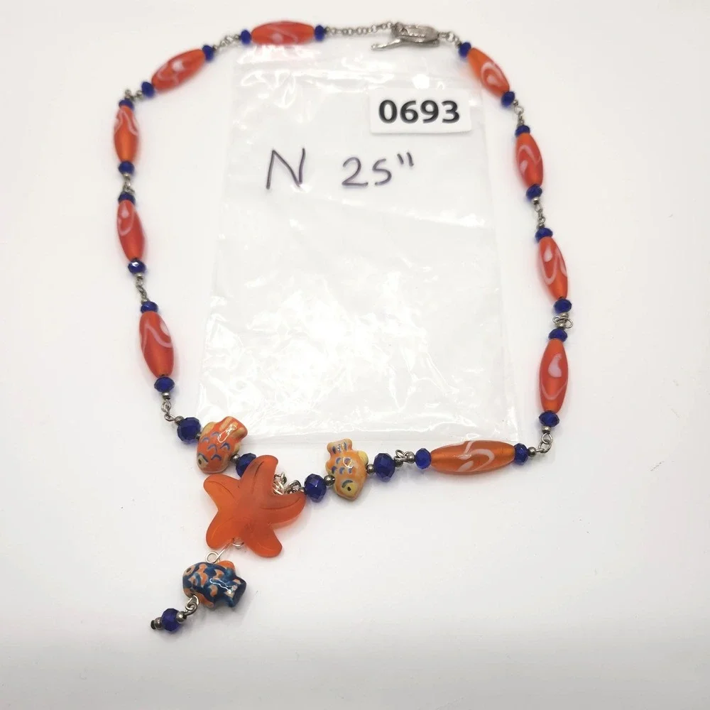 Boho Murano Glass Starfish Porcelain Fish Station Necklace Artisan Beachy Summer